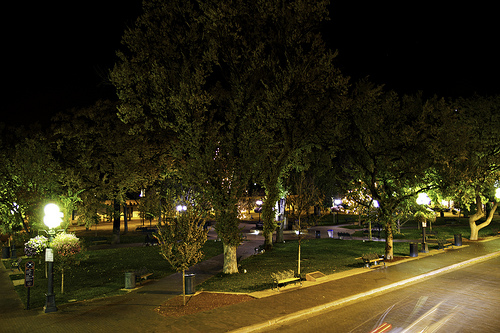 The historic Plaza in Santa Fe, at night.